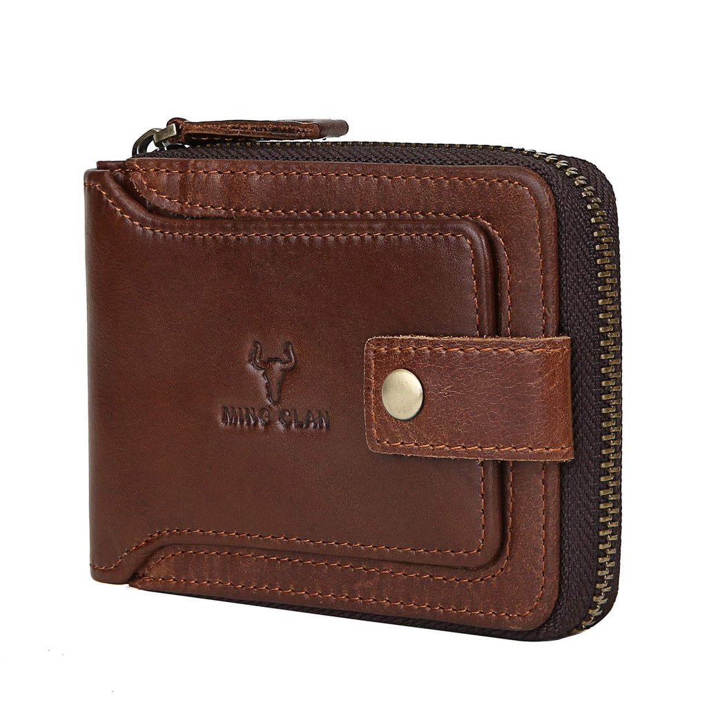 MING CLAN Zipper Wallet Men RFID Blocking Leather Bifold Wallets For Men - Flap ID Window Zip Coin Pocket Mens Zipper Wallets - Big Capacity Credit Card Travel Wallet (Brown)