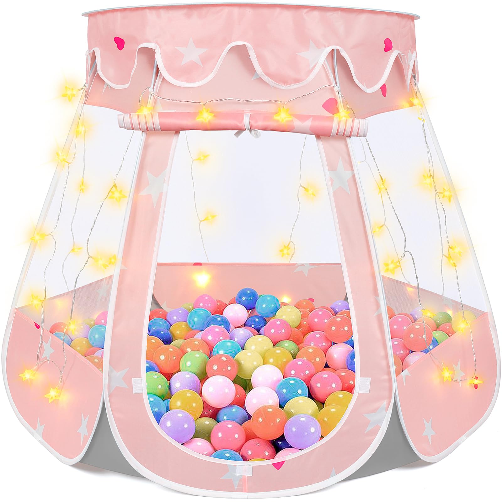 Crayline Pop Up Princess Tent with Star Light Toys for 1 2 3 Year Old Girl Birthday Gift Ball Pit for 12-18 Months Baby Girl Toys Toddler Girl Gift Easy to Pop Up and Assemble (Pink Gray)