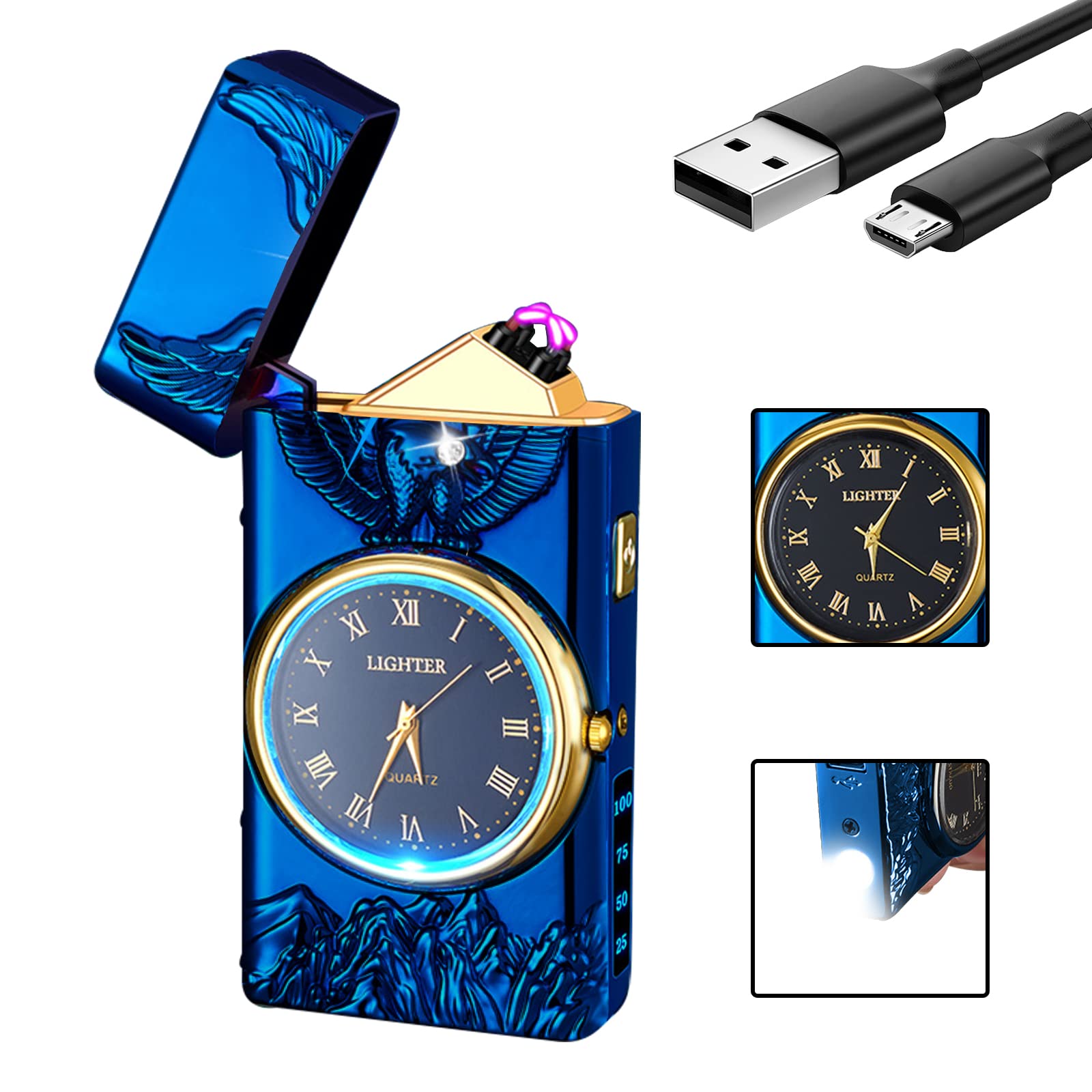 SKRFIRE Electric Lighter Rechargeable Watch Lighter for Eagle USB Arc lightersFashion Dragon Lighter Metal Lighters LED Lighting for Candles Gifts (Blue Eagle)