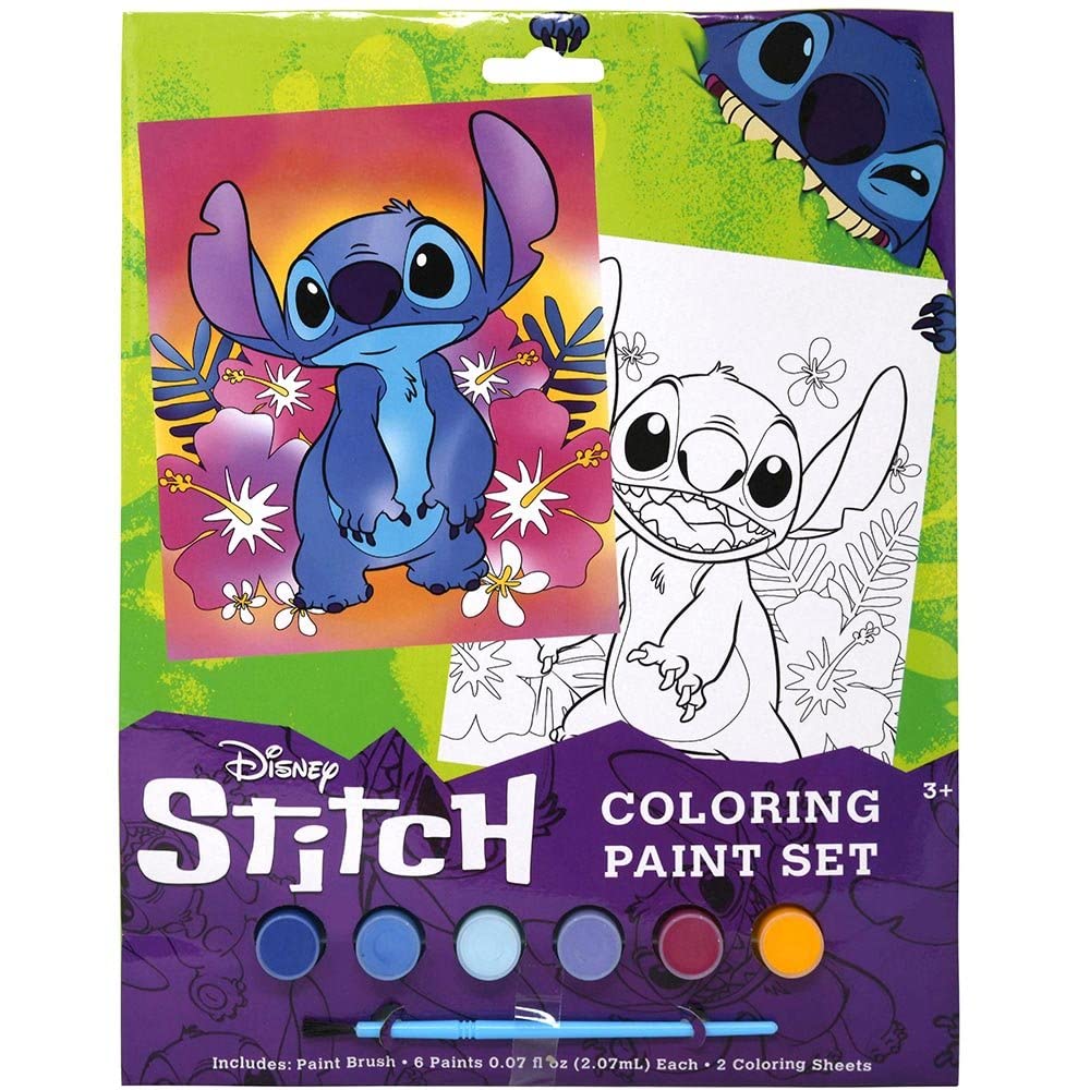 Disney Stich Coloring Paint Set - Disney Lilo and Stitch Movie Kids Art Set Includes 6 Acrylic Paint Set Brush and 2 Coloring Sheets Fun Children Painting Set Activity for Boys and Girls Ages 3+