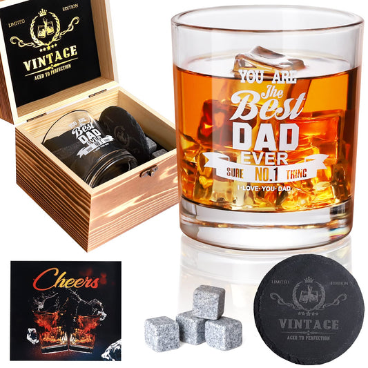 Tecanne Fathers Day Gift, Dad Birthday Gifts from Daughter Son, Birthday Decorations Party Supplies, Gift Ideas for Dad - Whiskey Glass Set with Wood Box & Whiskey Stones & Coaster