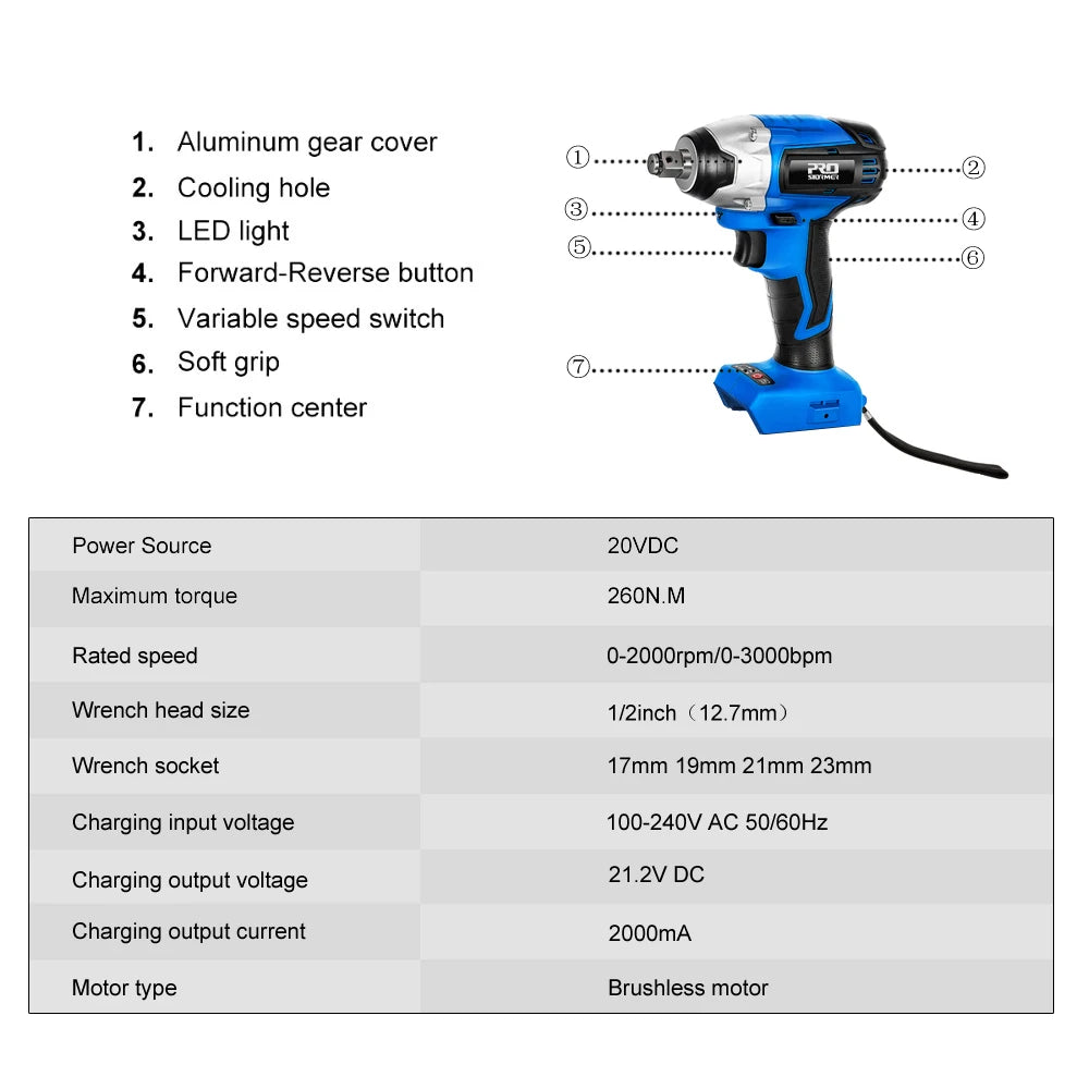300NM Brushless Cordless Electric Impact Wrench 1/2 inch 20V Torque Socket Wrench Bare Tool Only By PROSTORMER