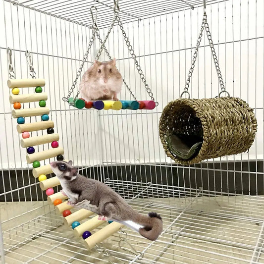 New 3Pcs/Pet Hammock Swing Tunnel House Bed Ladder Hamster Squirrel Hanging Cage Toy Squirrel Rat Swing Nest Cages