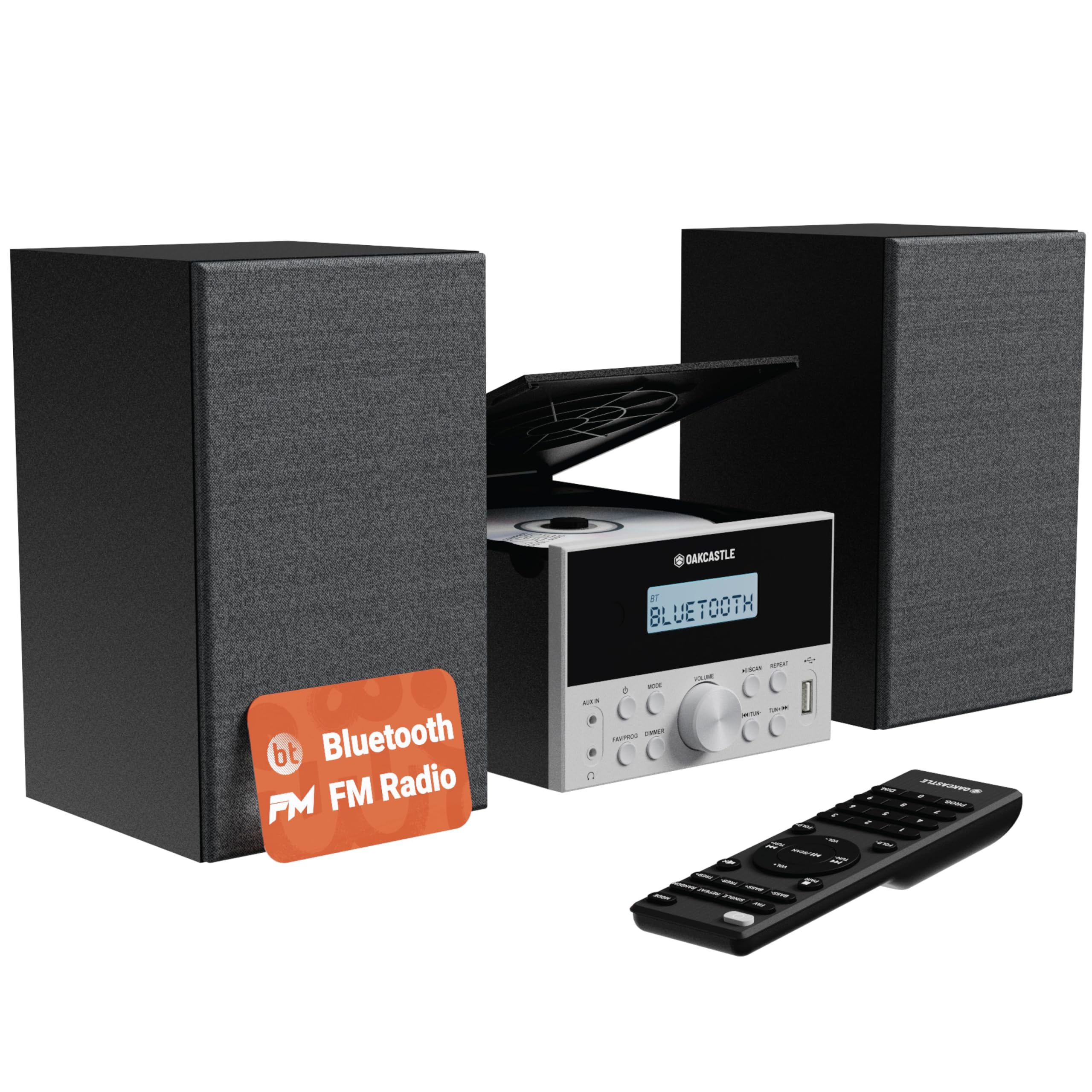Bluetooth 5.2 Stereo System for Home | Powerful 20W CD Player with Speakers | FM Radio 30 Presets Wooden Construction Remote Included | USB AUX Plays MP3 CDs CD-Rs | Oakcastle HIFI150