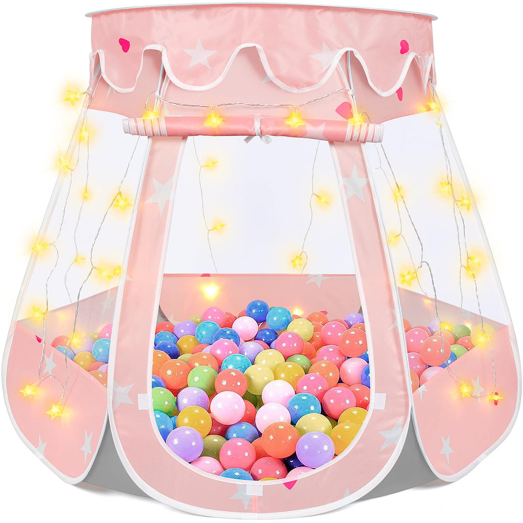Crayline Pop Up Princess Tent with Star Light Toys for 1 2 3 Year Old Girl Birthday Gift Ball Pit for 12-18 Months Baby Girl Toys Toddler Girl Gift Easy to Pop Up and Assemble (Pink Gray)