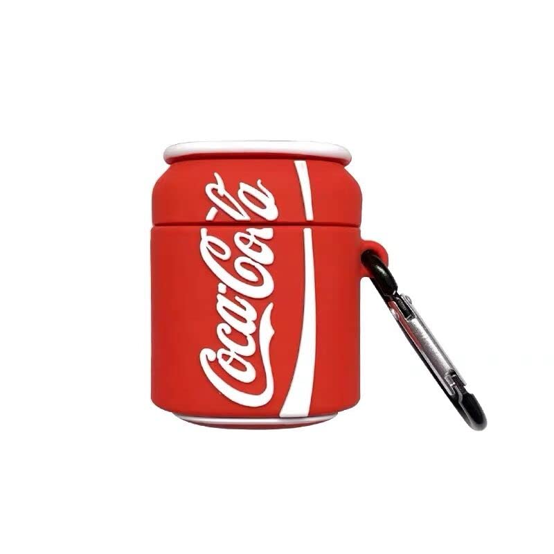 Ultra Thick Soft Silicone Coke Cola Case with Keychain for Apple AirPods 1 2 1st 2nd Red White Color Can Drink Cool Fun Creative Unique Classic Decent Simple Design Kids Boys Girls Men Adult Unisex
