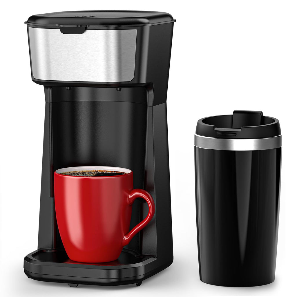 Personal Single Serve Coffee Maker - Quick Brew with Grounds and Tea Bags (Not Compatible with K-Cups) Includes 14oz Travel Mug One-Touch Operation