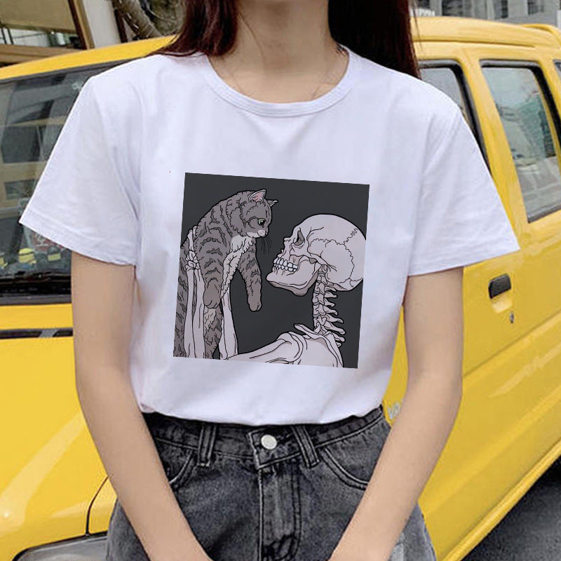 Kawaii Skull Cat Girl T-Shirt Top